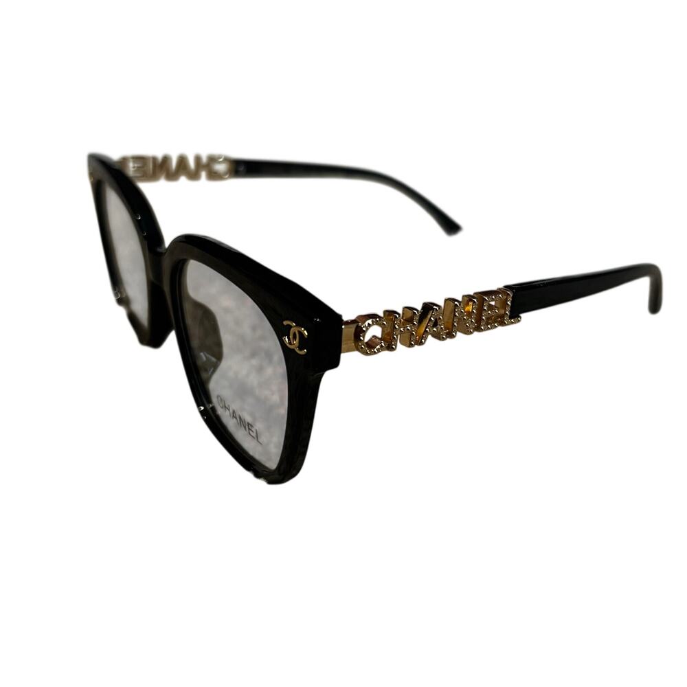 NEW W/ BOX & CASE Chanel Clear Blue Light Glasses Black Gold Logo Spell Out - Picture 2 of 7